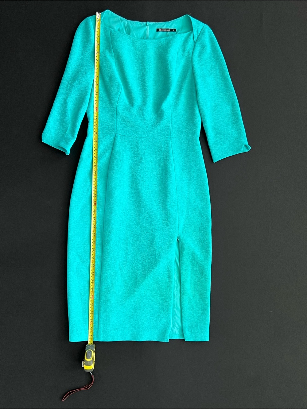 Black Halo Turquoise Teal Sheath Dress 3/4 Sleeve Career Cocktail Dress - Picture 15 of 16